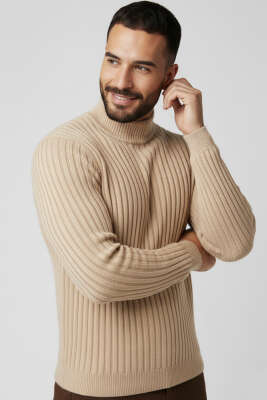 Yarım Balıkçı Yaka Fitilli Erkek Triko Kazak Bej - WİPEOUT