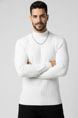 Yarım Balıkçı Yaka Fitilli Erkek Triko Kazak Beyaz 