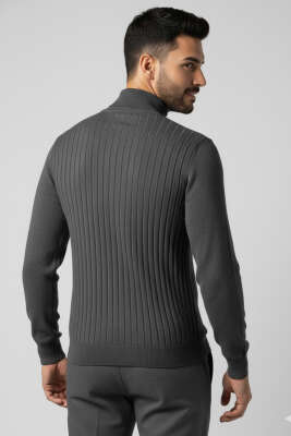 Yarım Balıkçı Yaka Fitilli Erkek Triko Kazak Füme - Erkek Kazak