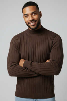 Yarım Balıkçı Yaka Fitilli Erkek Triko Kazak Kahve - WİPEOUT