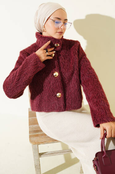 Yarım Balıkçı Yaka Gold Düğmeli Ceket Bordo - Ceket