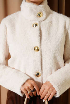 Yarım Balıkçı Yaka Gold Düğmeli Ceket Ekru - Ceket