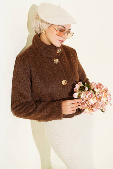 Yarım Balıkçı Yaka Gold Düğmeli Ceket Kahve - Ceket