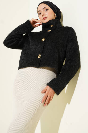 Yarım Balıkçı Yaka Gold Düğmeli Ceket Siyah - Ceket