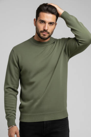 Yarım Balıkçı Yaka Triko Kazak Haki - Erkek Kazak