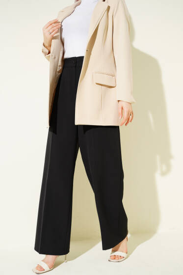 Yarım Bel Lastikli Basic Pantolon Siyah - Pantolon