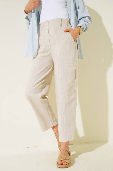 Yarım Bel Lastikli Keten Pantolon Bej - Pantolon