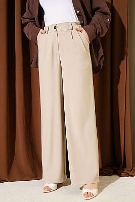 Yarım Bel Lastikli Palazzo Pantolon Bej - FİXAY