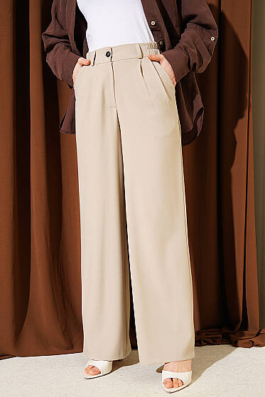 Yarım Bel Lastikli Palazzo Pantolon Bej - Pantolon