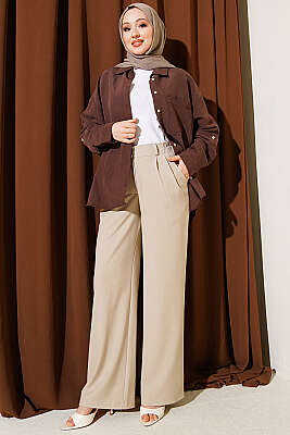 Yarım Bel Lastikli Palazzo Pantolon Bej - Pantolon