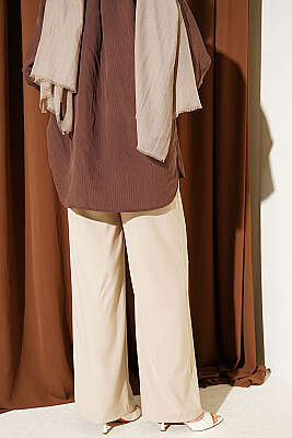 Yarım Bel Lastikli Palazzo Pantolon Bej - Pantolon