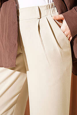 Yarım Bel Lastikli Palazzo Pantolon Bej - Pantolon