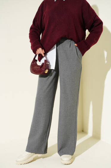Yarım Bel Lastikli Palazzo Pantolon Füme - Pantolon