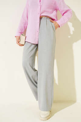 Yarım Bel Lastikli Palazzo Pantolon Gri - FİXAY