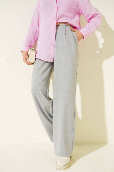 Yarım Bel Lastikli Palazzo Pantolon Gri - Pantolon