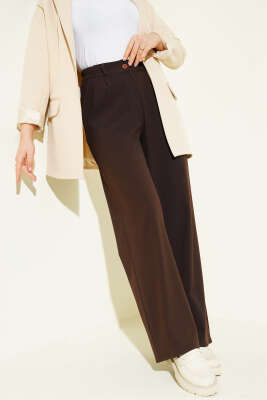 Yarım Bel Lastikli Palazzo Pantolon Kahve - FİXAY