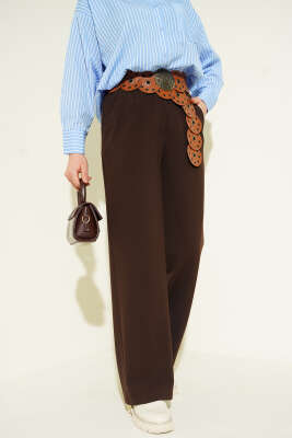 Yarım Bel Lastikli Palazzo Pantolon Kahve - FİXAY