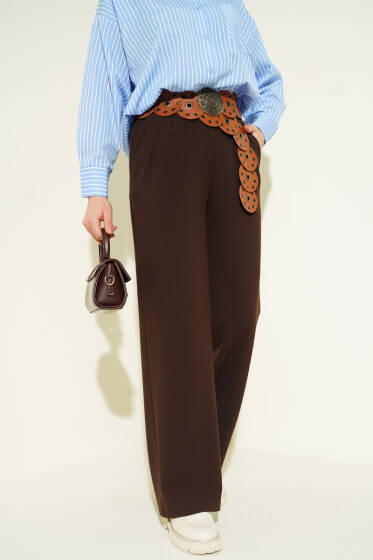 Yarım Bel Lastikli Palazzo Pantolon Kahve - Pantolon