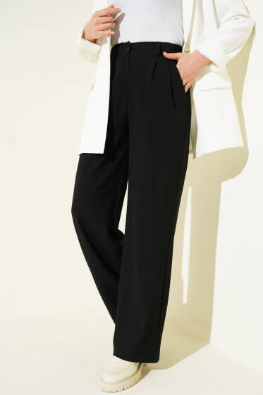 Yarım Bel Lastikli Palazzo Pantolon Siyah - Pantolon