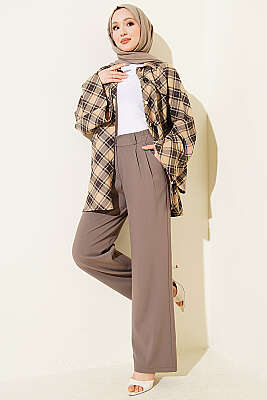 Yarım Bel Lastikli Palazzo Pantolon Vizon - Pantolon