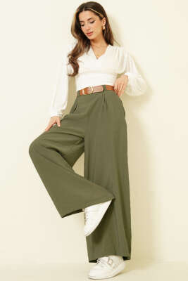 Yarım Bel Lastikli Salaş Tensel Pantolon Haki - LEVURE