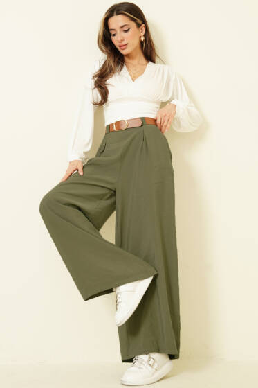 Yarım Bel Lastikli Salaş Tensel Pantolon Haki - Kadın Giyim Modelleri