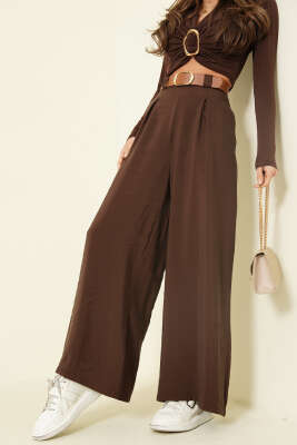 Yarım Bel Lastikli Salaş Tensel Pantolon Kahve - LEVURE