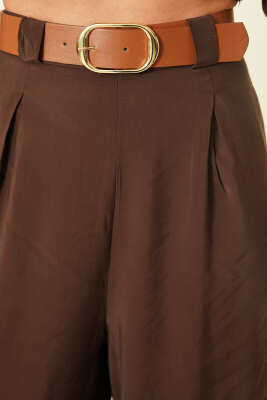 Yarım Bel Lastikli Salaş Tensel Pantolon Kahve - Kadın Giyim Modelleri