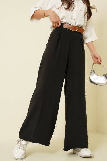 Yarım Bel Lastikli Salaş Tensel Pantolon Siyah - Kadın Giyim Modelleri