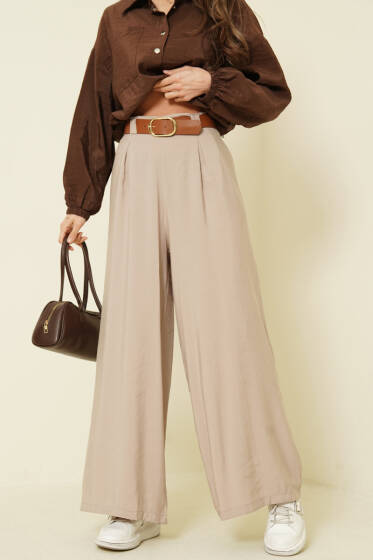 Yarım Bel Lastikli Salaş Tensel Pantolon Taş - Kadın Giyim Modelleri