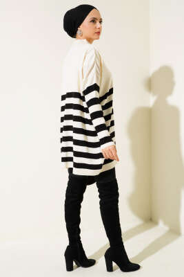 Yarım Boğazlı Çizgili Salaş Triko Tunik Bej - Triko Tunik