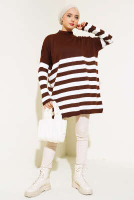 Yarım Boğazlı Çizgili Salaş Triko Tunik Kahve - Triko Tunik