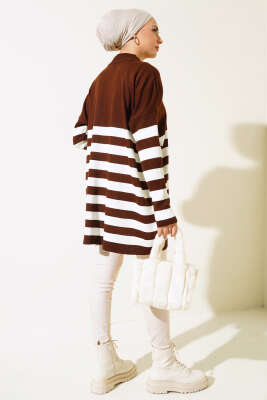 Yarım Boğazlı Çizgili Salaş Triko Tunik Kahve - Triko Tunik