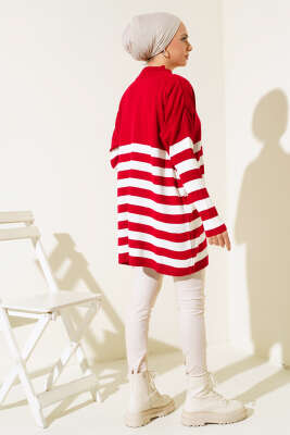 Yarım Boğazlı Çizgili Salaş Triko Tunik Kırmızı - Triko Tunik