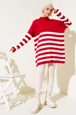 Yarım Boğazlı Çizgili Salaş Triko Tunik Kırmızı - Triko Tunik