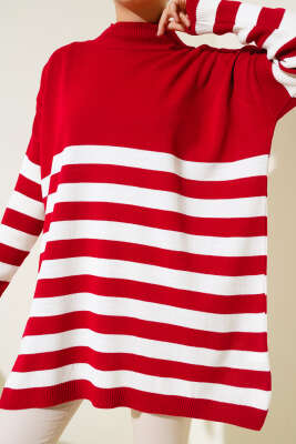 Yarım Boğazlı Çizgili Salaş Triko Tunik Kırmızı - Triko Tunik