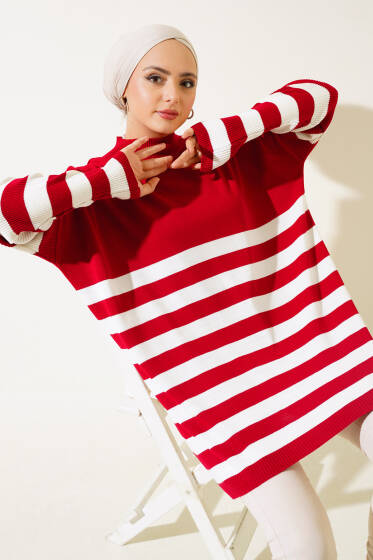 Yarım Boğazlı Çizgili Salaş Triko Tunik Kırmızı - Tunik