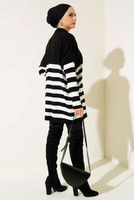 Yarım Boğazlı Çizgili Salaş Triko Tunik Siyah - Triko Tunik