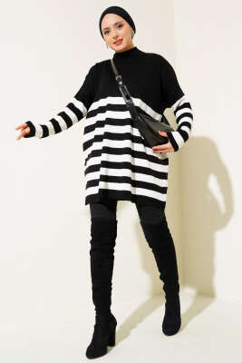 Yarım Boğazlı Çizgili Salaş Triko Tunik Siyah - Triko Tunik