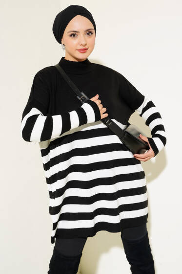Yarım Boğazlı Çizgili Salaş Triko Tunik Siyah - Tunik