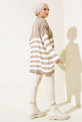 Yarım Boğazlı Çizgili Salaş Triko Tunik Vizon - Triko Tunik