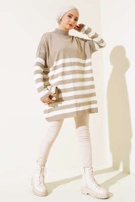 Yarım Boğazlı Çizgili Salaş Triko Tunik Vizon - Triko Tunik