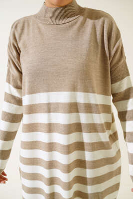 Yarım Boğazlı Çizgili Salaş Triko Tunik Vizon - Triko Tunik