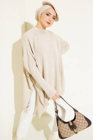 Yarım Boğazlı Düz Panço Bej - Panço