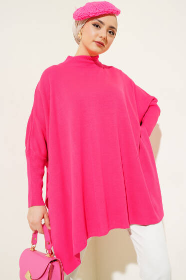 Yarım Boğazlı Düz Panço Fuşya - Panço