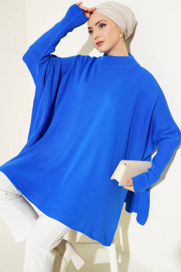 Yarım Boğazlı Düz Panço Saks - Panço