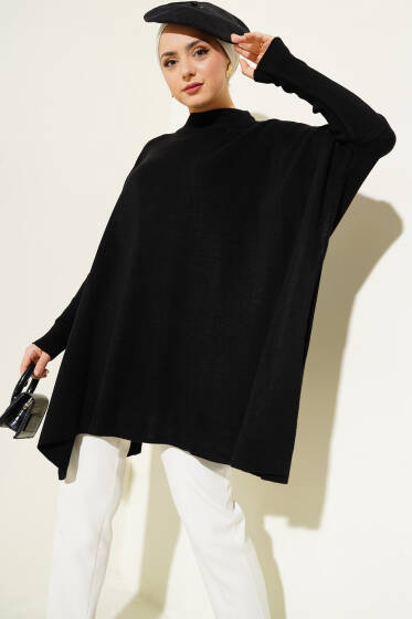 Yarım Boğazlı Düz Panço Siyah - Panço