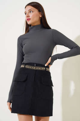 Yarım Boğazlı Fitilli Body Gri - Kadın Giyim Modelleri