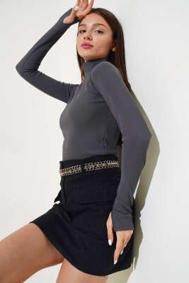 Yarım Boğazlı Fitilli Body Gri - Kadın Giyim Modelleri