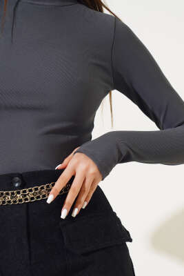 Yarım Boğazlı Fitilli Body Gri - Kadın Giyim Modelleri